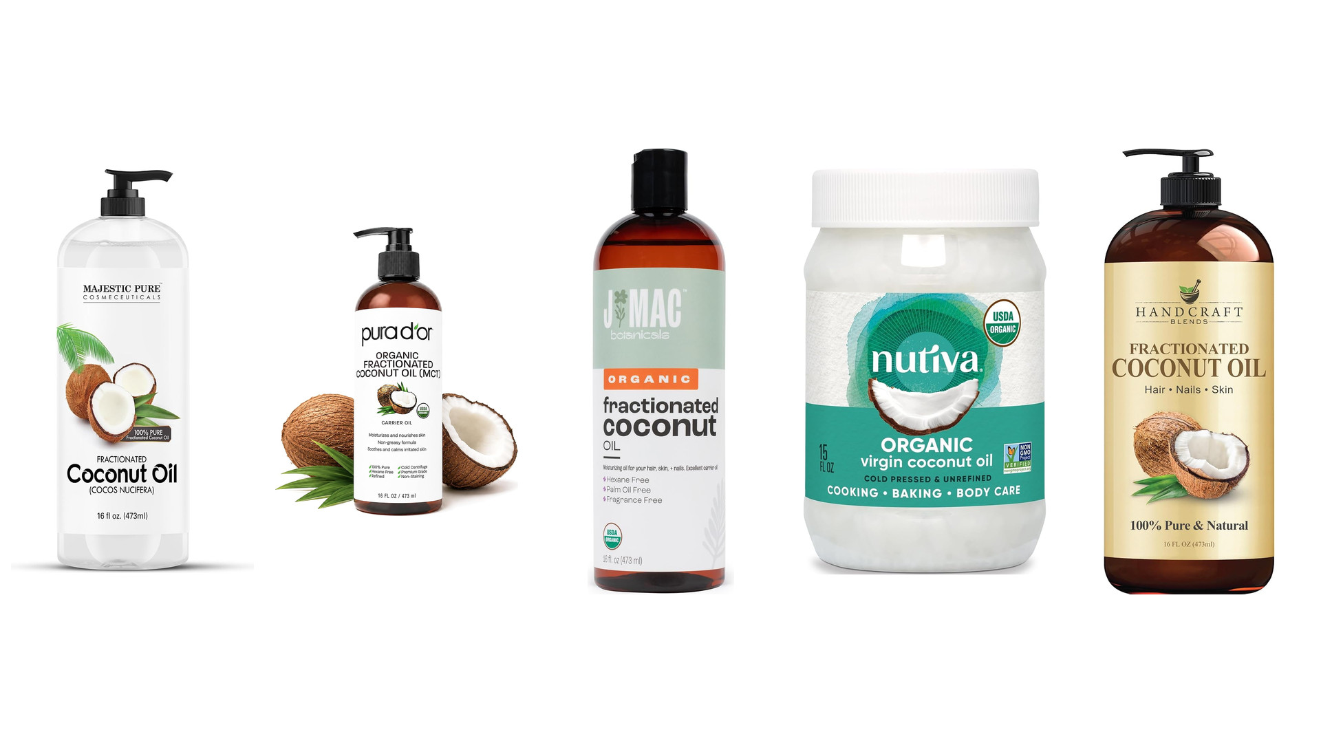Five coconut oil bottles and a jar on white, most labeled fractionated or organic virgin coconut oil