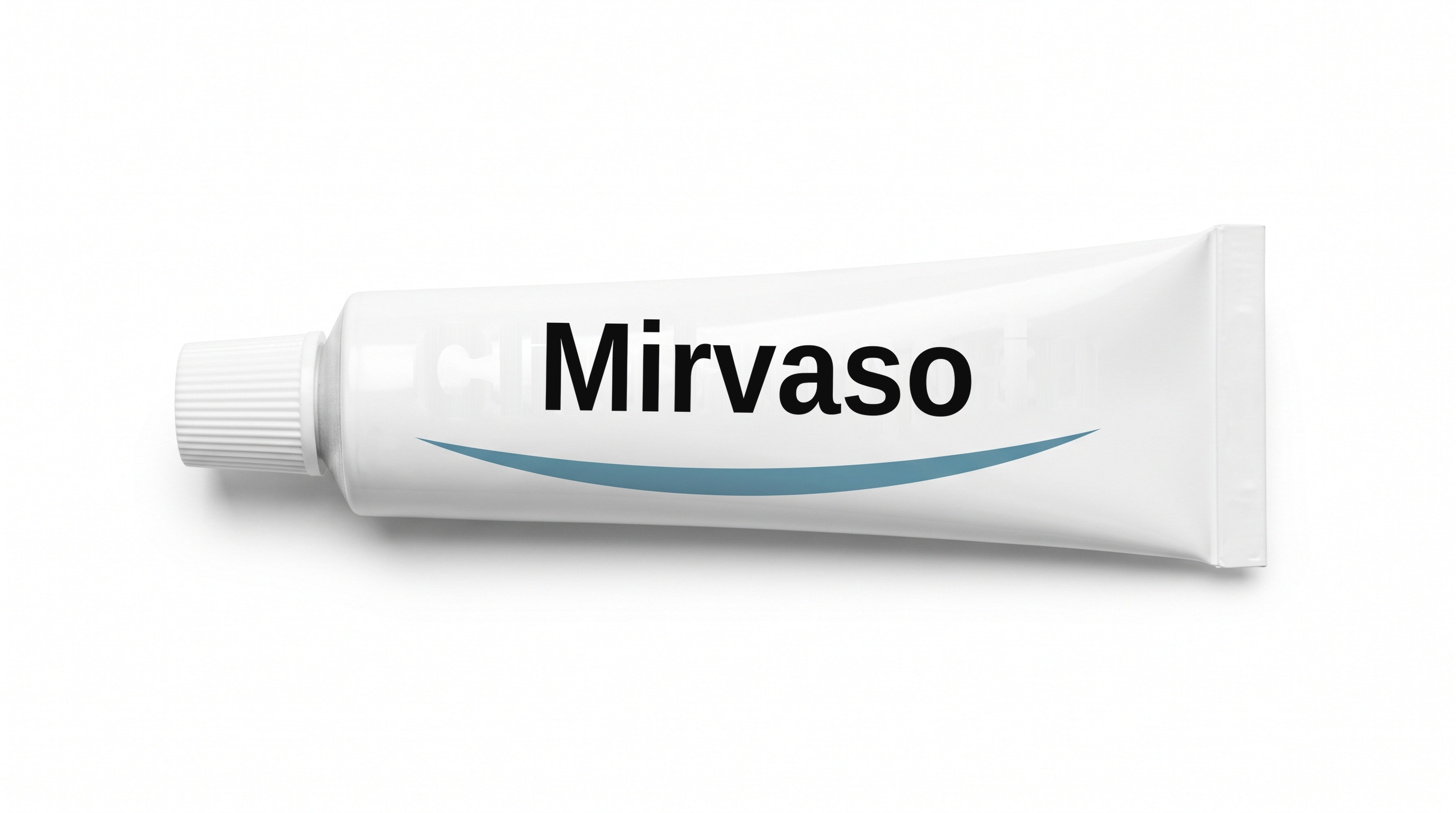 A white squeeze tube lying on white, labeled Mirvaso above a blue swoosh