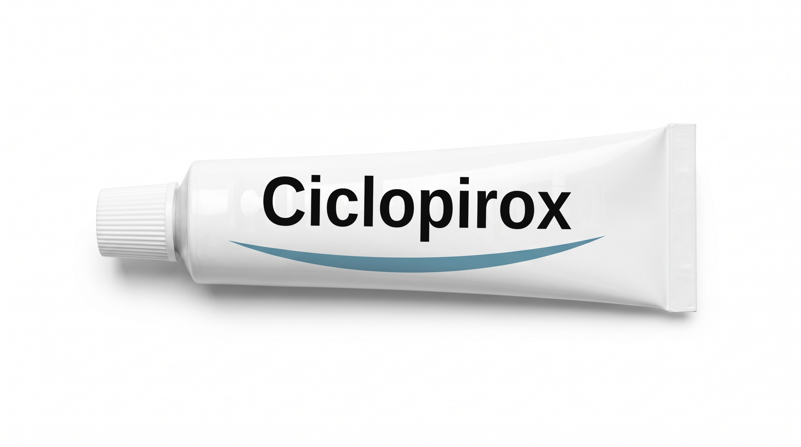 A white cream tube lying on its side on a white background, with a plain white label reading Ciclopirox and a blue swoosh beneath it.