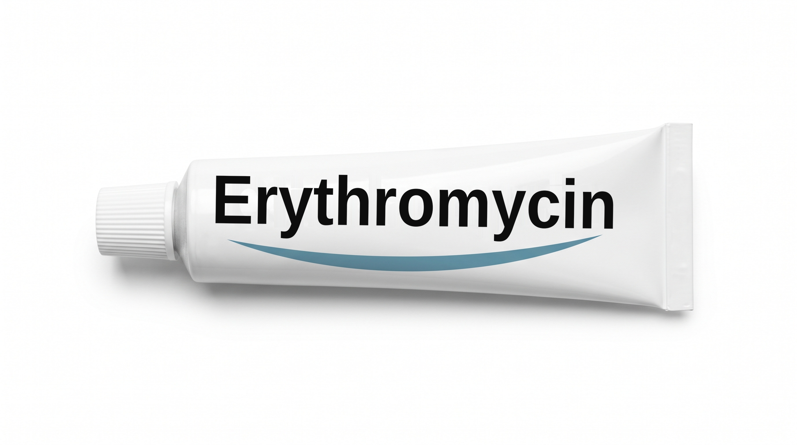 A white cream tube lying on its side on a white background, with a plain white label reading Erythromycin and a blue swoosh beneath it.