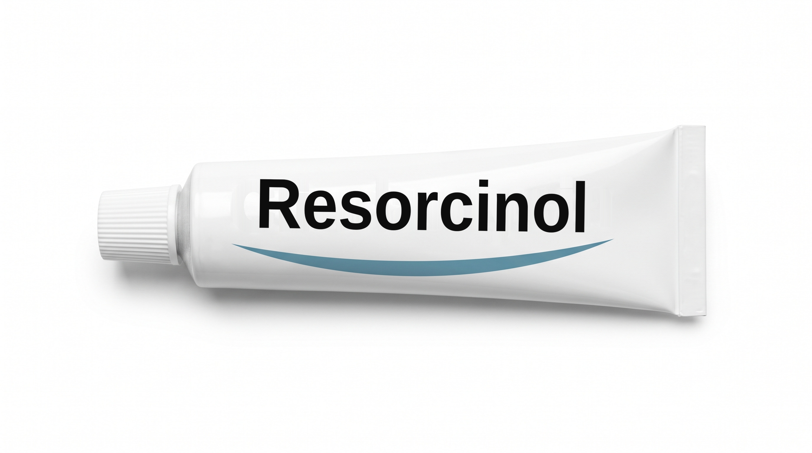 A white cream tube lying on its side on a white background, with a plain white label reading Resorcinol and a blue swoosh beneath it.