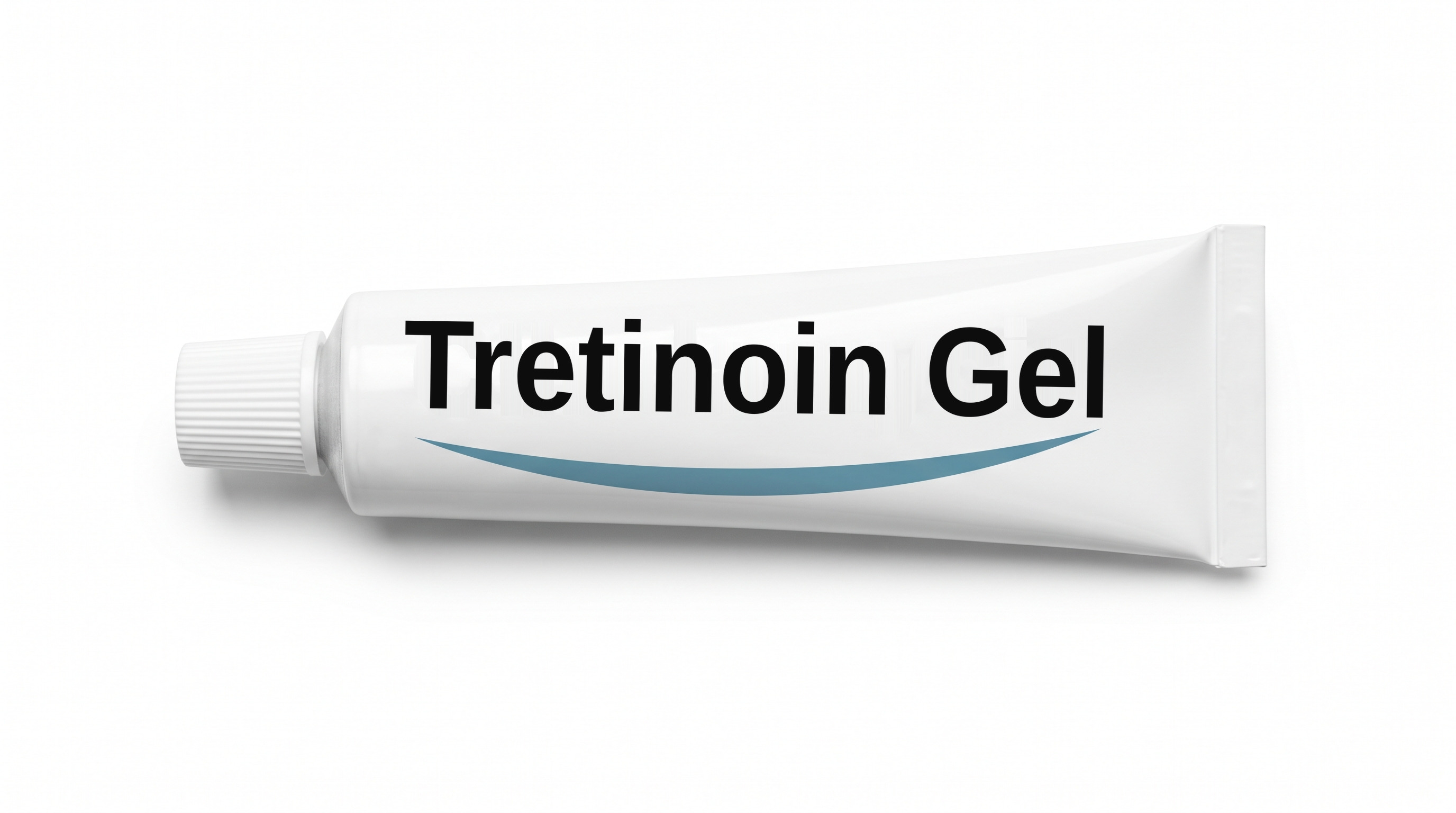 A white cream tube lying on its side on a white background, with a plain white label reading Tretinoin Gel and a blue swoosh beneath it.