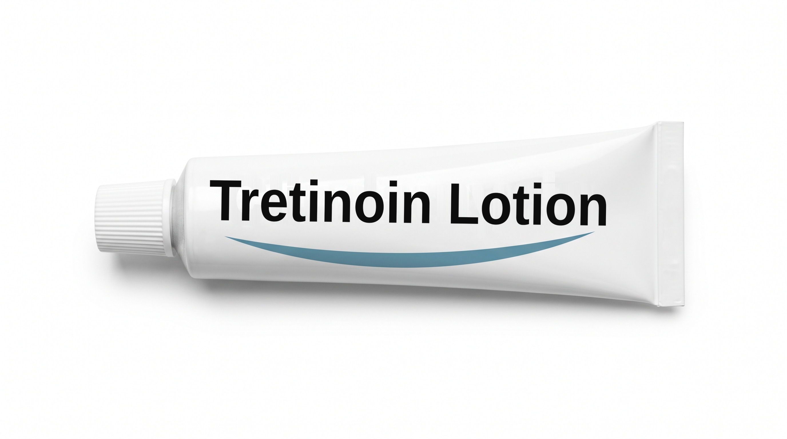 A white cream tube lying on its side on a white background, with a plain white label reading Tretinoin Lotion and a blue swoosh beneath it.