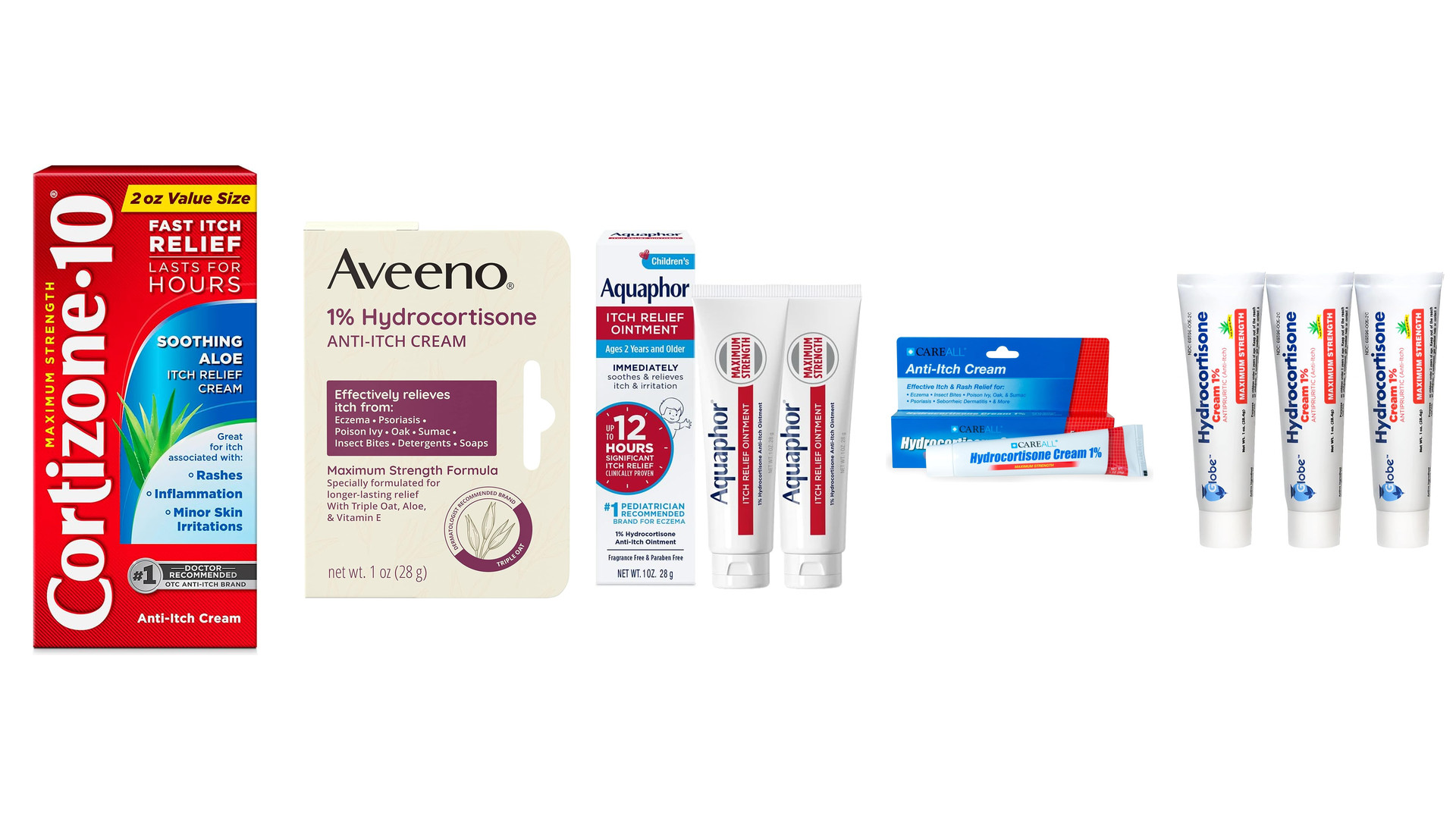 A plain white ointment tube lying on its side, labeled Hydrocortisone with a blue swoosh