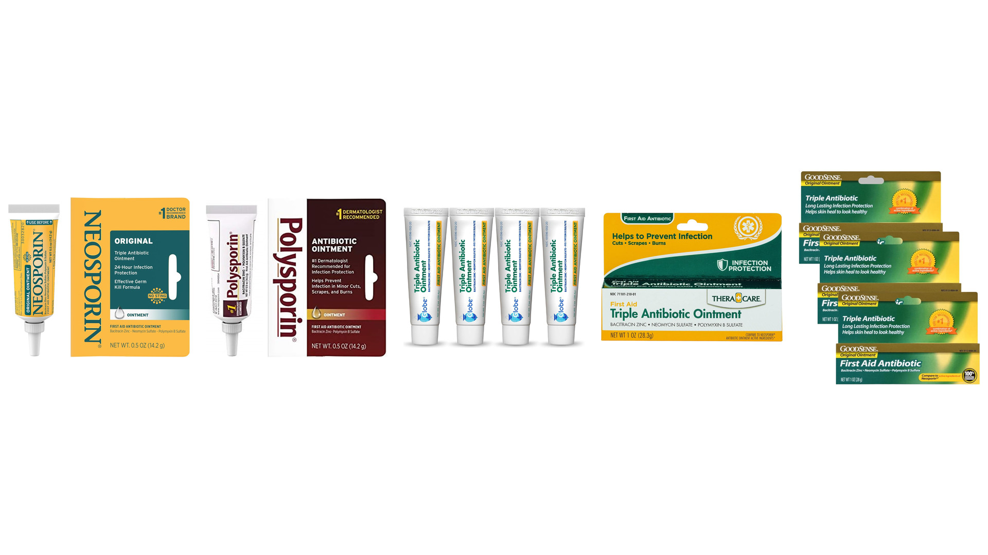 A white cream tube lying on its side on a white background, with a plain white label reading Antibiotic Ointment and a yellow swoosh beneath it.