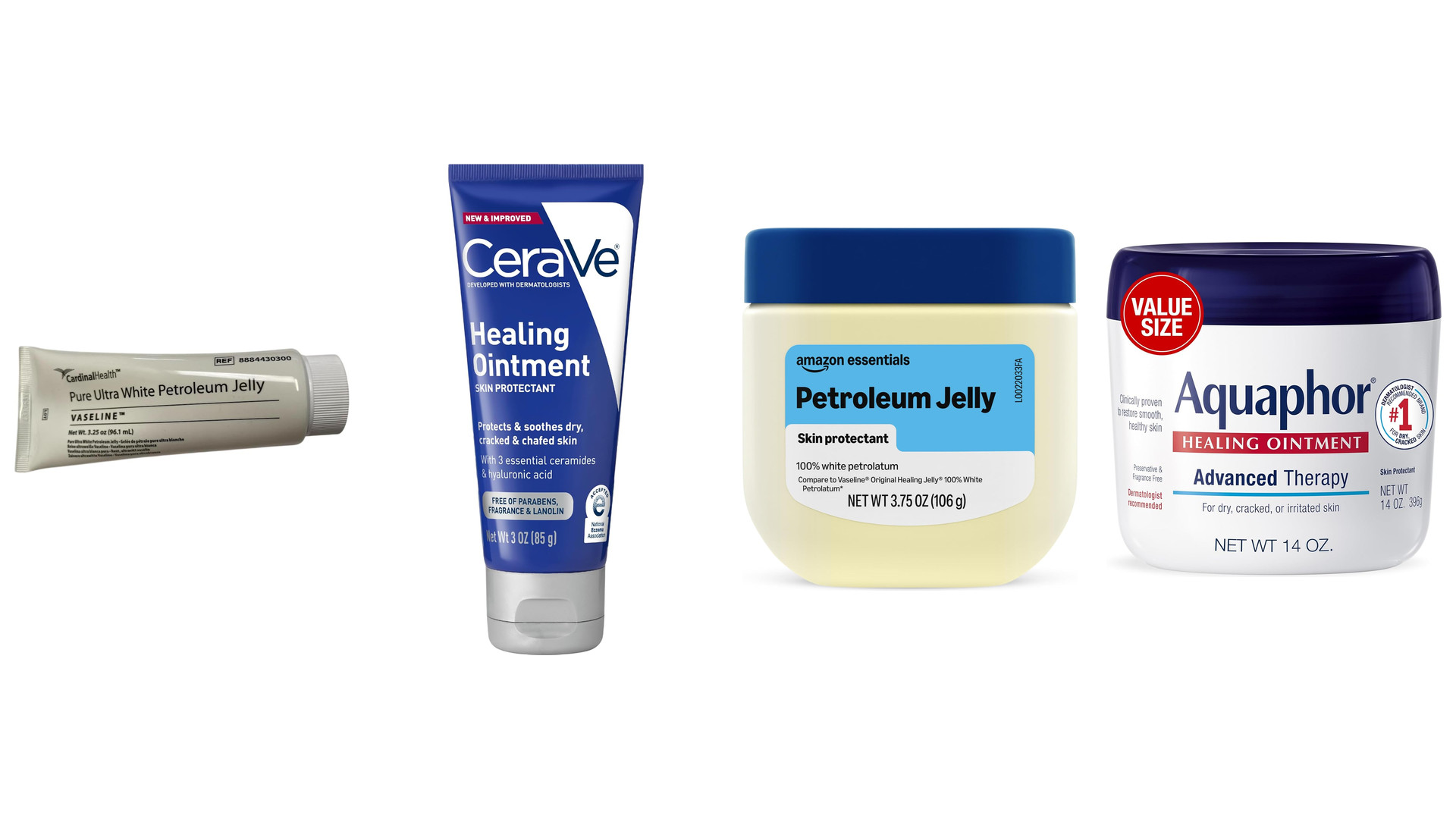 Four ointments on white: CeraVe Healing Ointment, a Vaseline jar, a petroleum jelly tube and Aquaphor