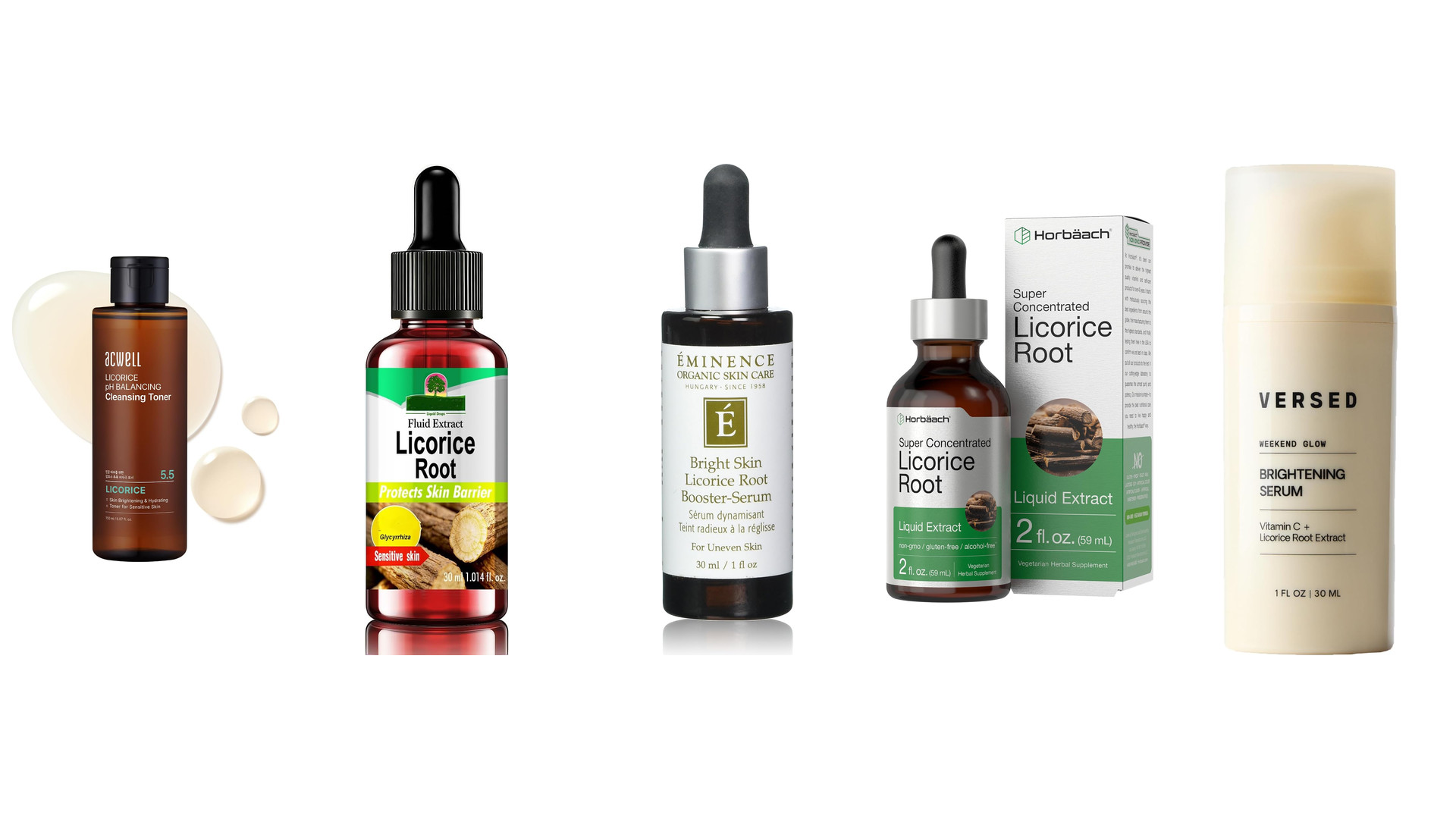 Five licorice root products on white, including two Acwell bottles, Éminence, Horbäach liquid extract and Versed