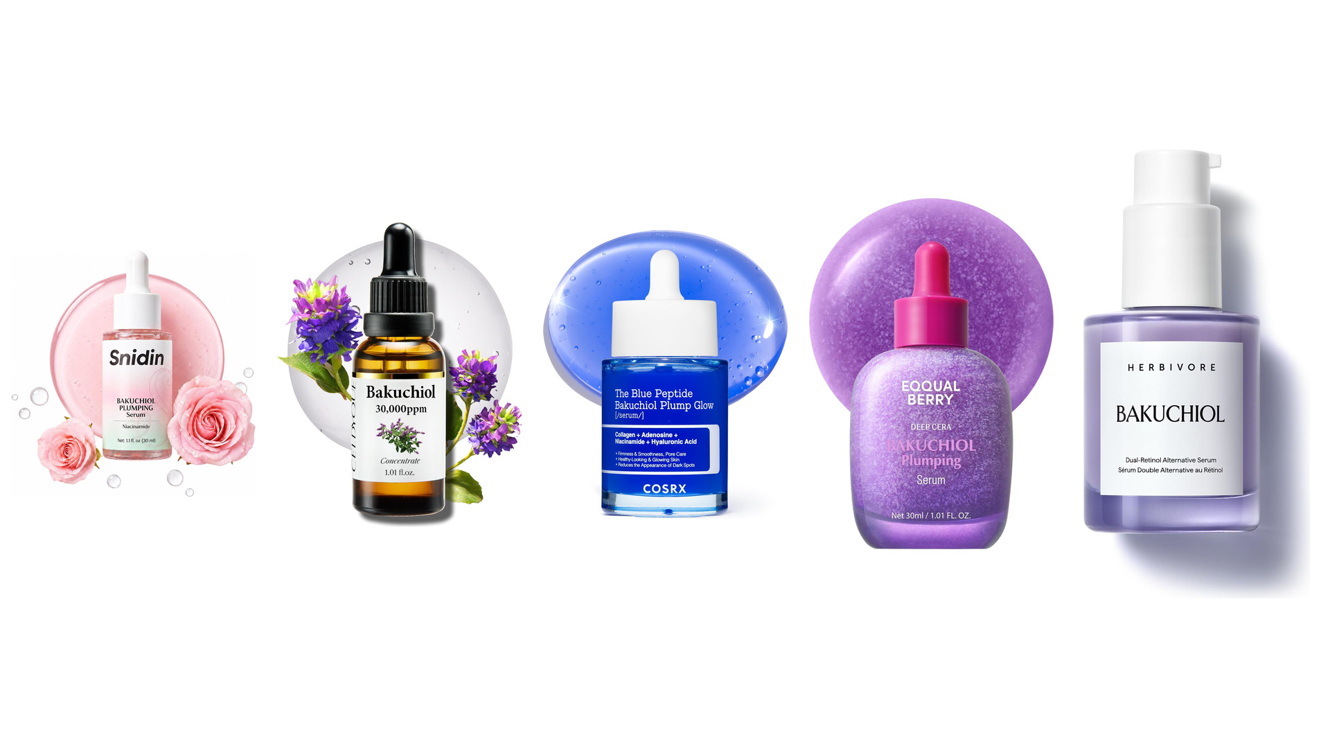 Five bakuchiol serums on white, including a dropper bottle with purple flowers, COSRX, Paula's Choice, Herbivore and LAUEF