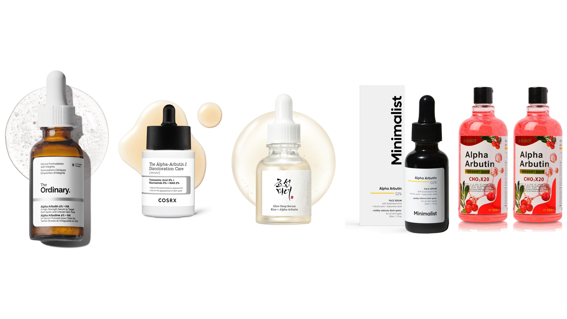 Four alpha arbutin products lined up on white: three dropper serums and a pink cream tube