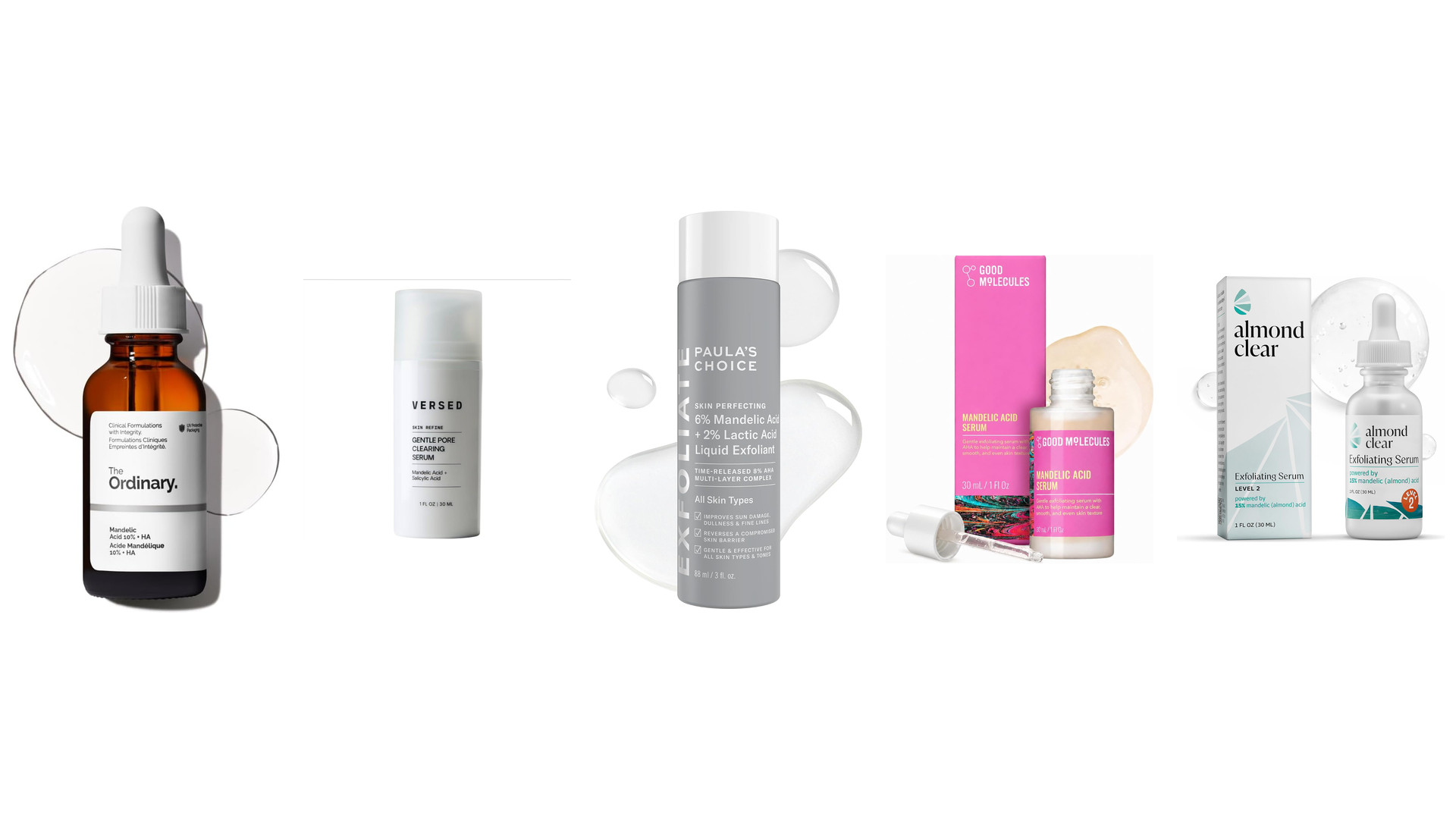 Five mandelic acid serums and their boxes lined up on white with clear gel swatches