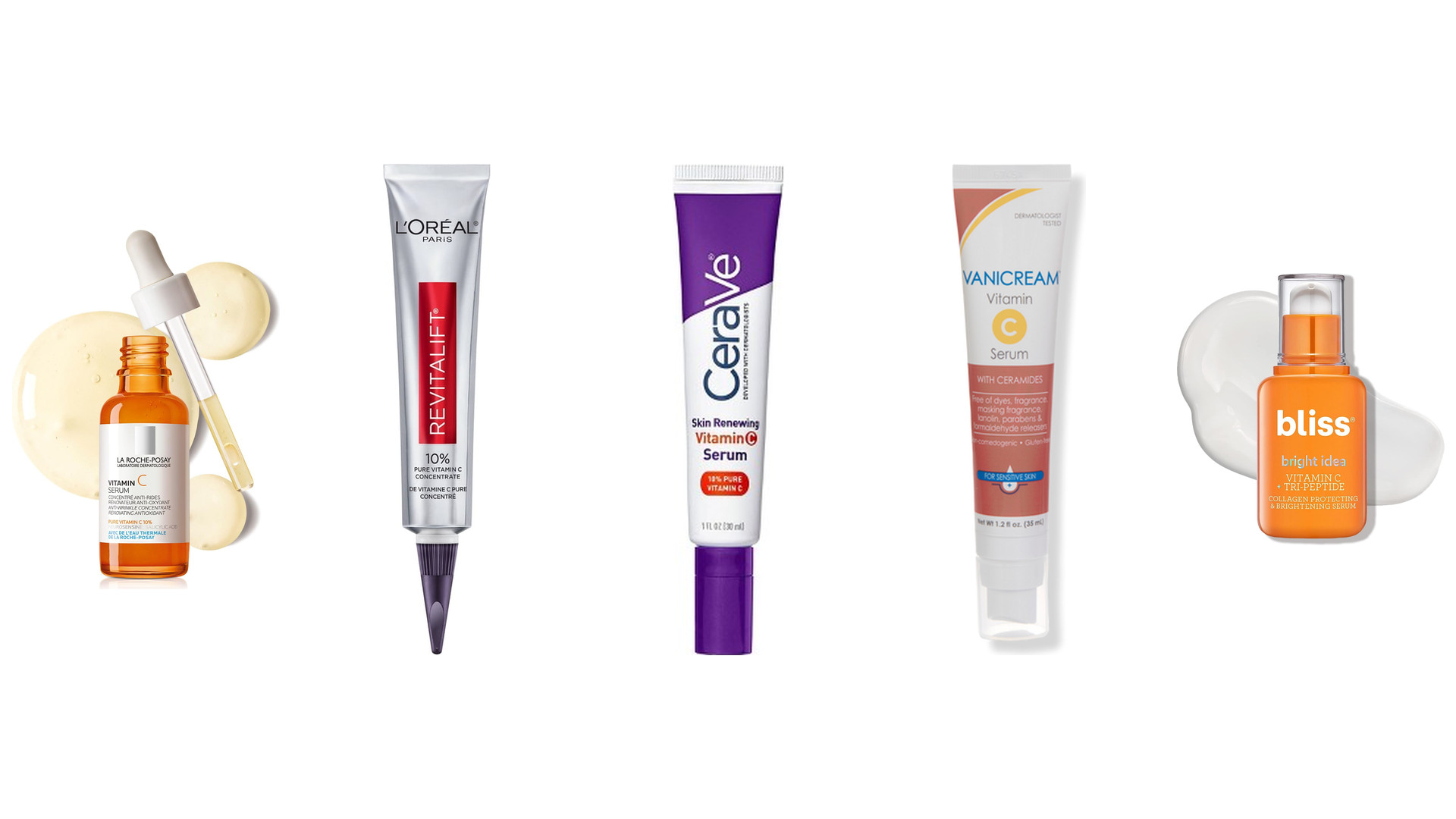 Six vitamin C products on white, including La Roche-Posay, L'Oréal Revitalift, CeraVe, Vanicream, bliss and Olay