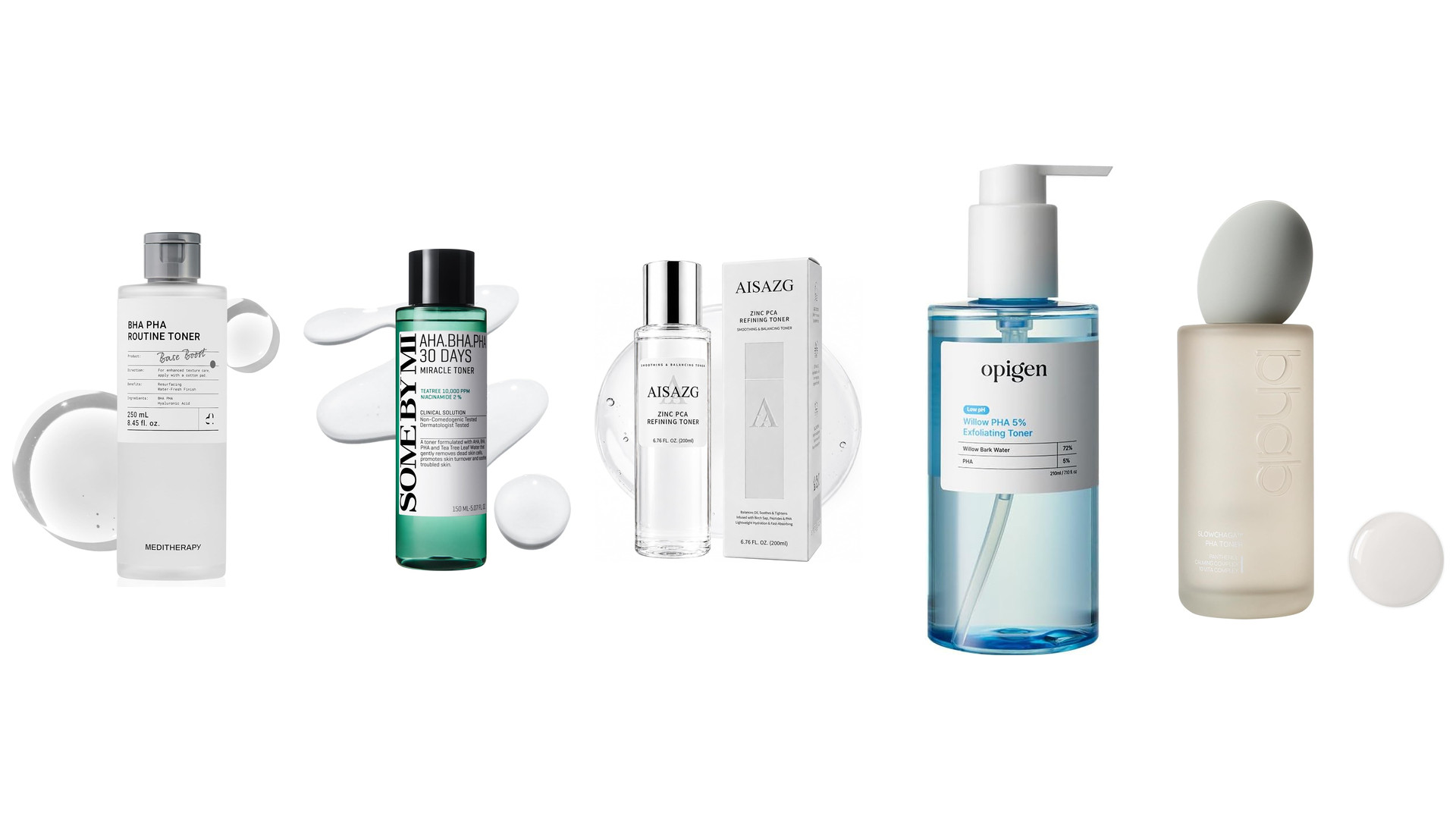 Five PHA toner and serum bottles lined up on white with clear liquid swatches beside them