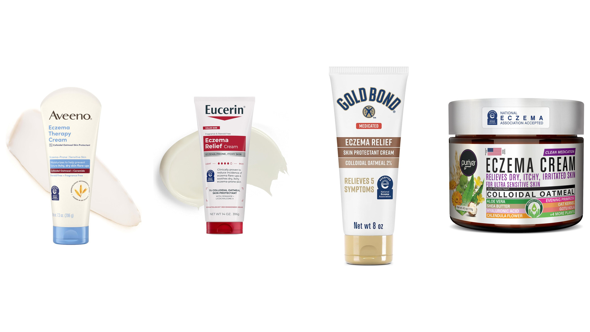 Five colloidal oatmeal eczema products lined up on white: tubes, a jar and a pump lotion