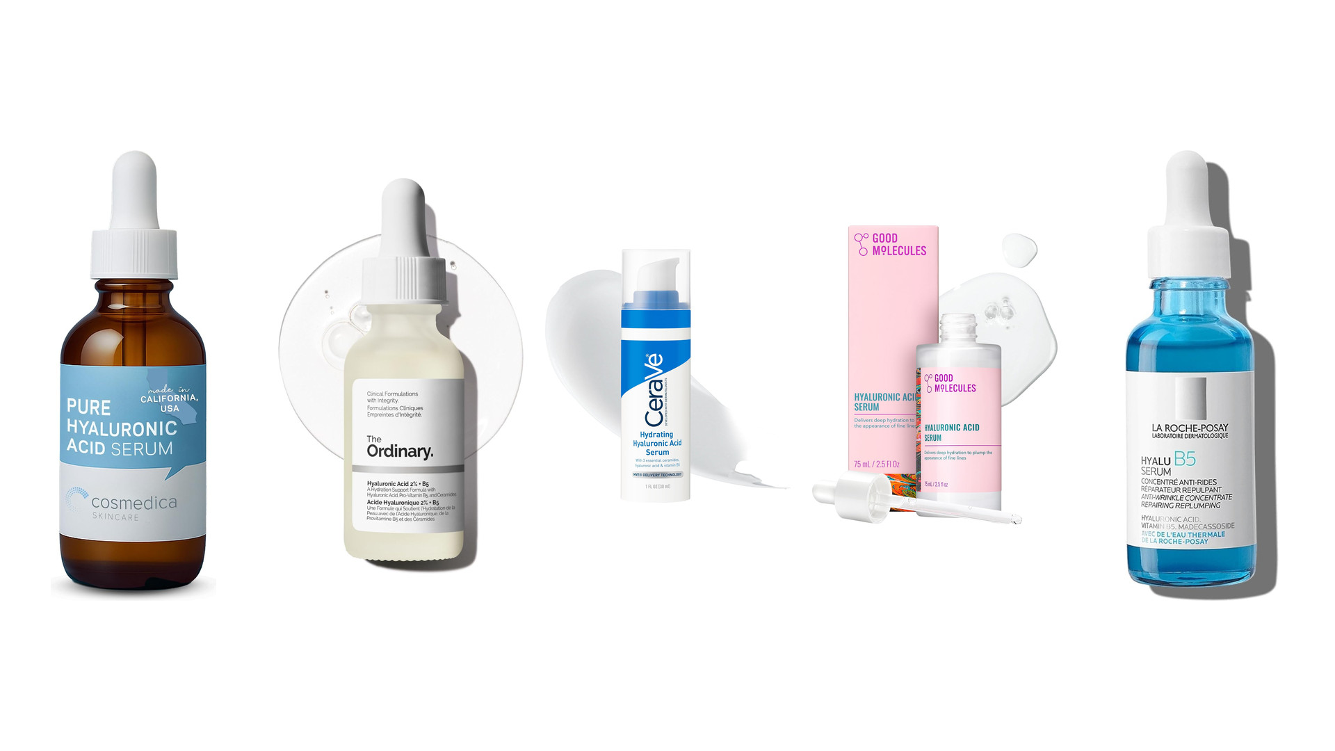 Hyaluronic Acid Five hyaluronic acid serums lined up on white, pump bottles and dropper bottles with their boxes