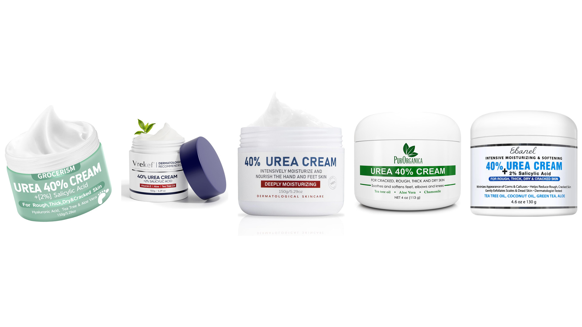 Five white jars of 40% urea cream lined up, several also listing 2% salicylic acid