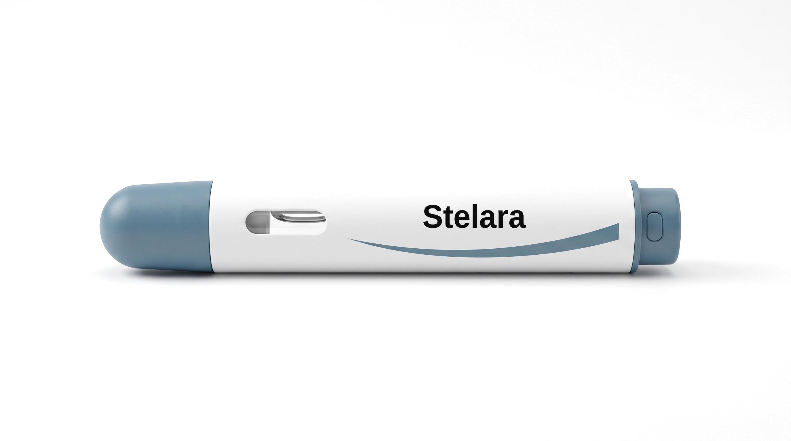 A white injector pen on a white background, with a plain white label reading Stelara and a blue swoosh beneath it.