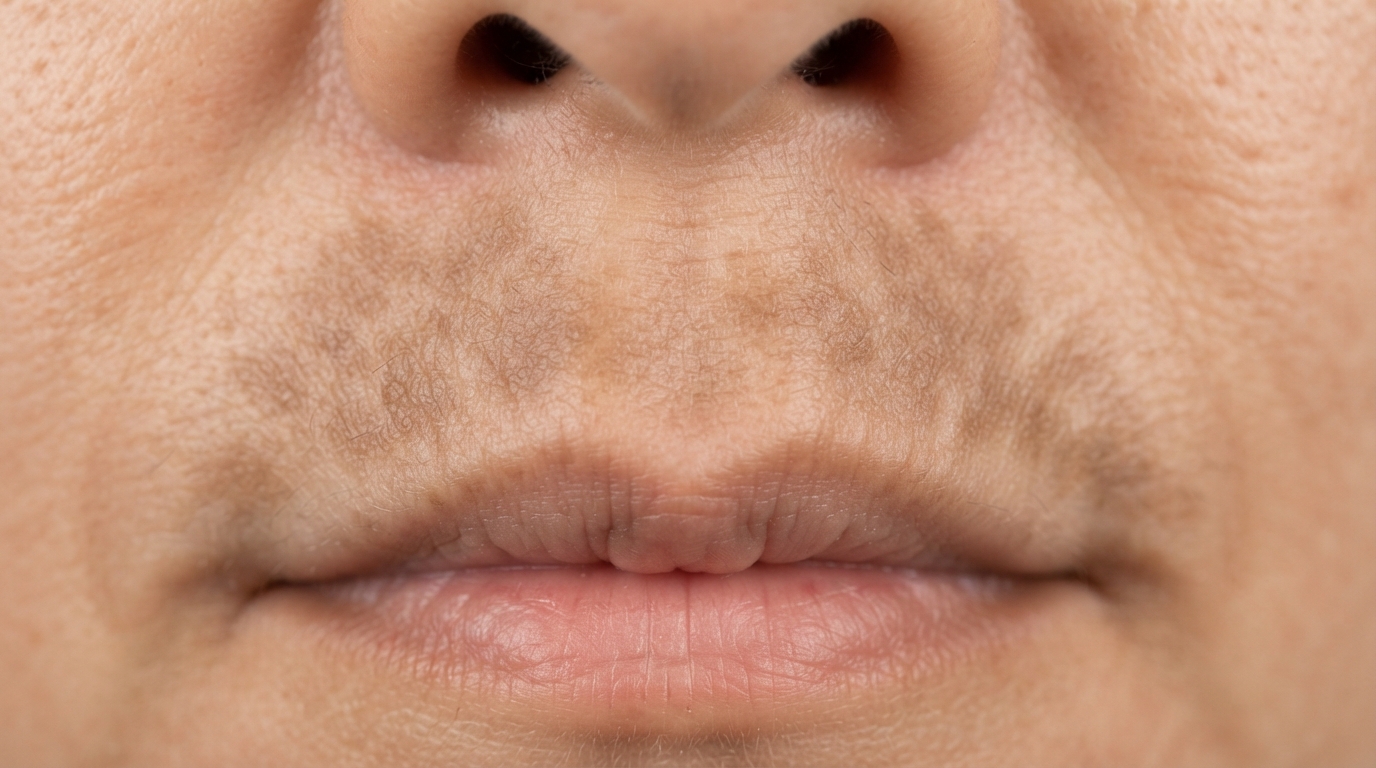 A blotchy gray-brown band of flat pigment running along the jawline and the side of the face, patchier and darker than the skin above it.