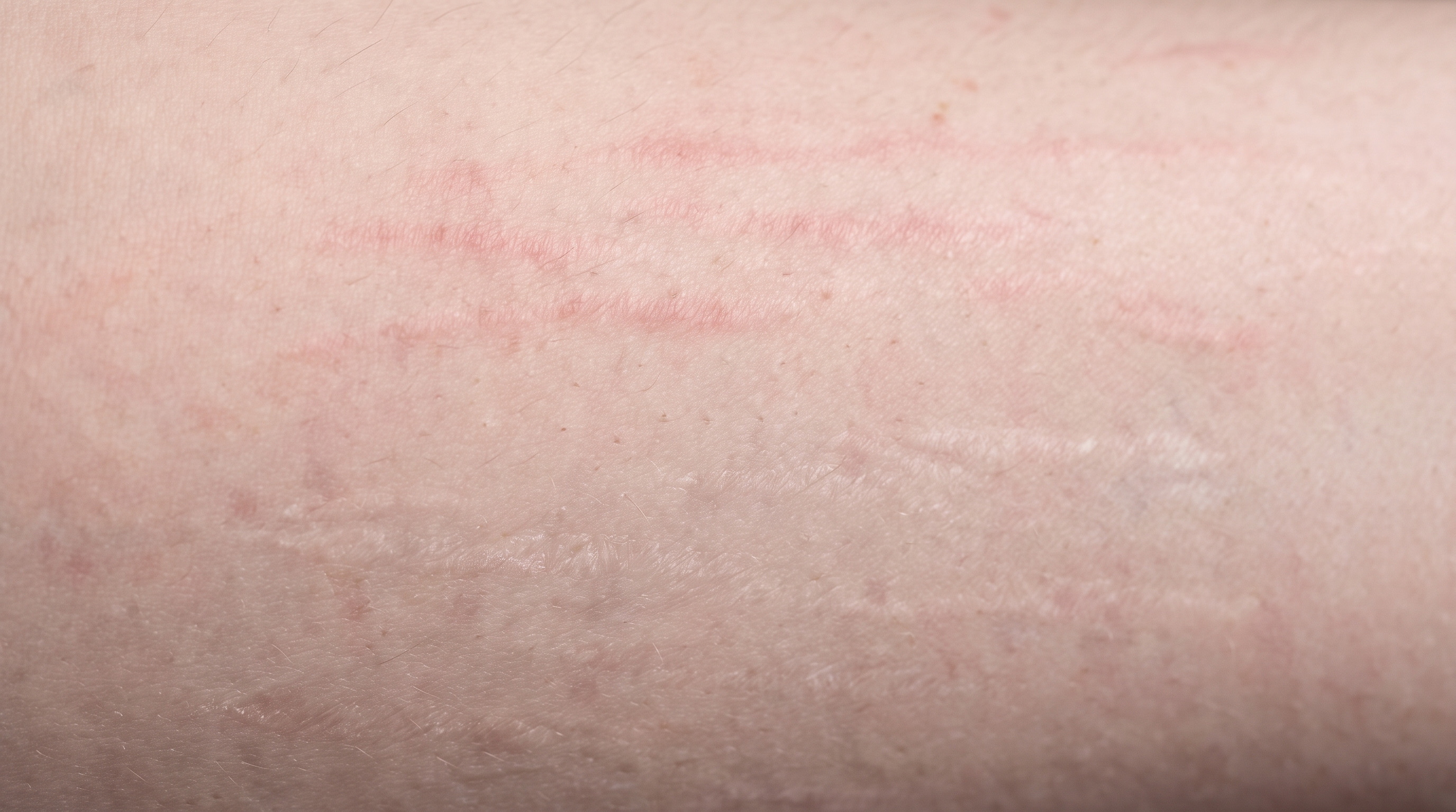 Two areas of fair skin side by side on a hip. New pink-red bands sit above, and older flat silvery-white bands below, with only a small difference in color between the pale marks and the skin around them.