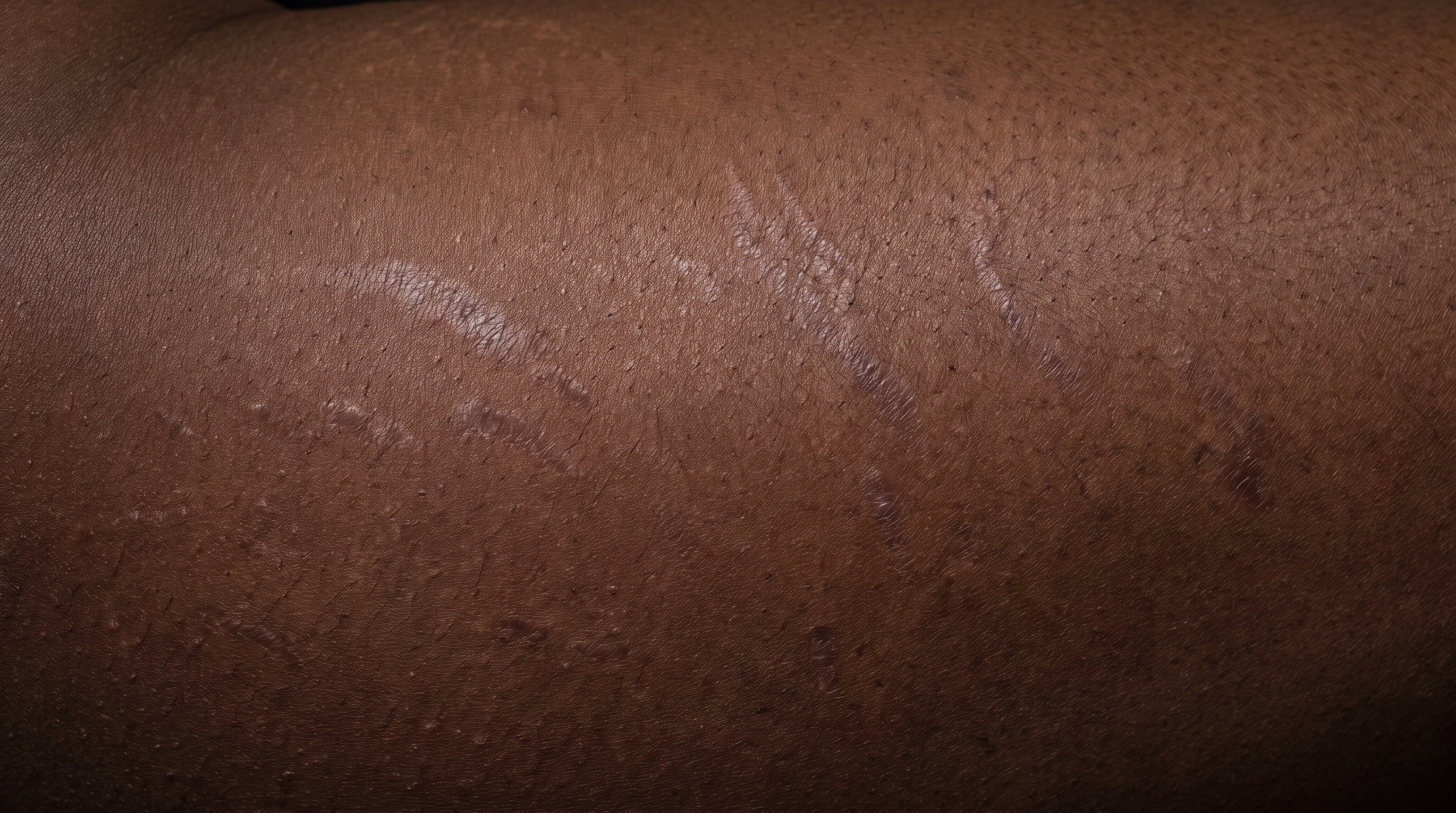 Pale, flat, silvery bands running down the hip and outer thigh of deep brown skin, standing out sharply against the surrounding skin, with a fine crinkled surface inside each band.