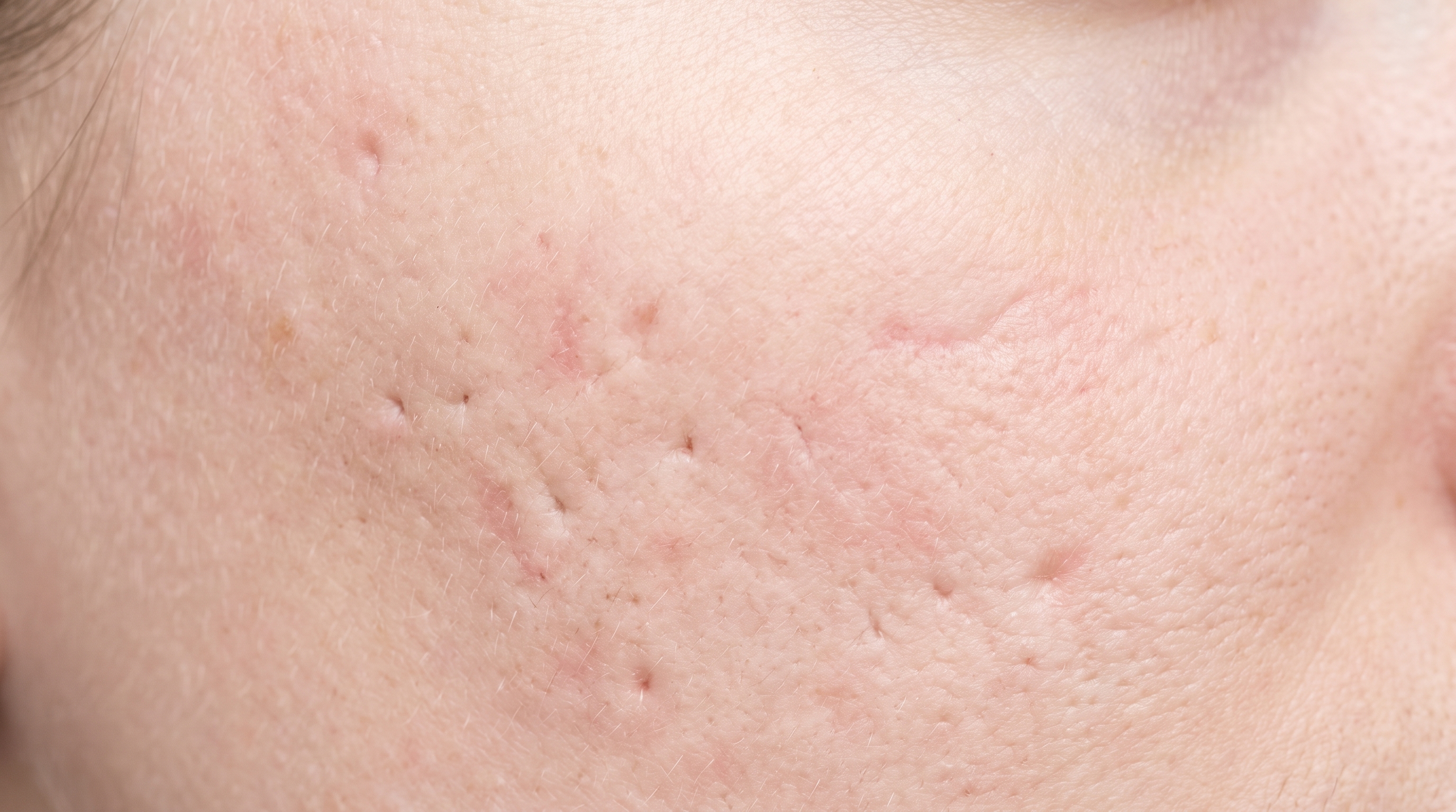 Acne scarring on light skin. Small sharply cut pits and broad shallow dips across a cheek, several sitting inside faint flat pink marks, with no active spots.