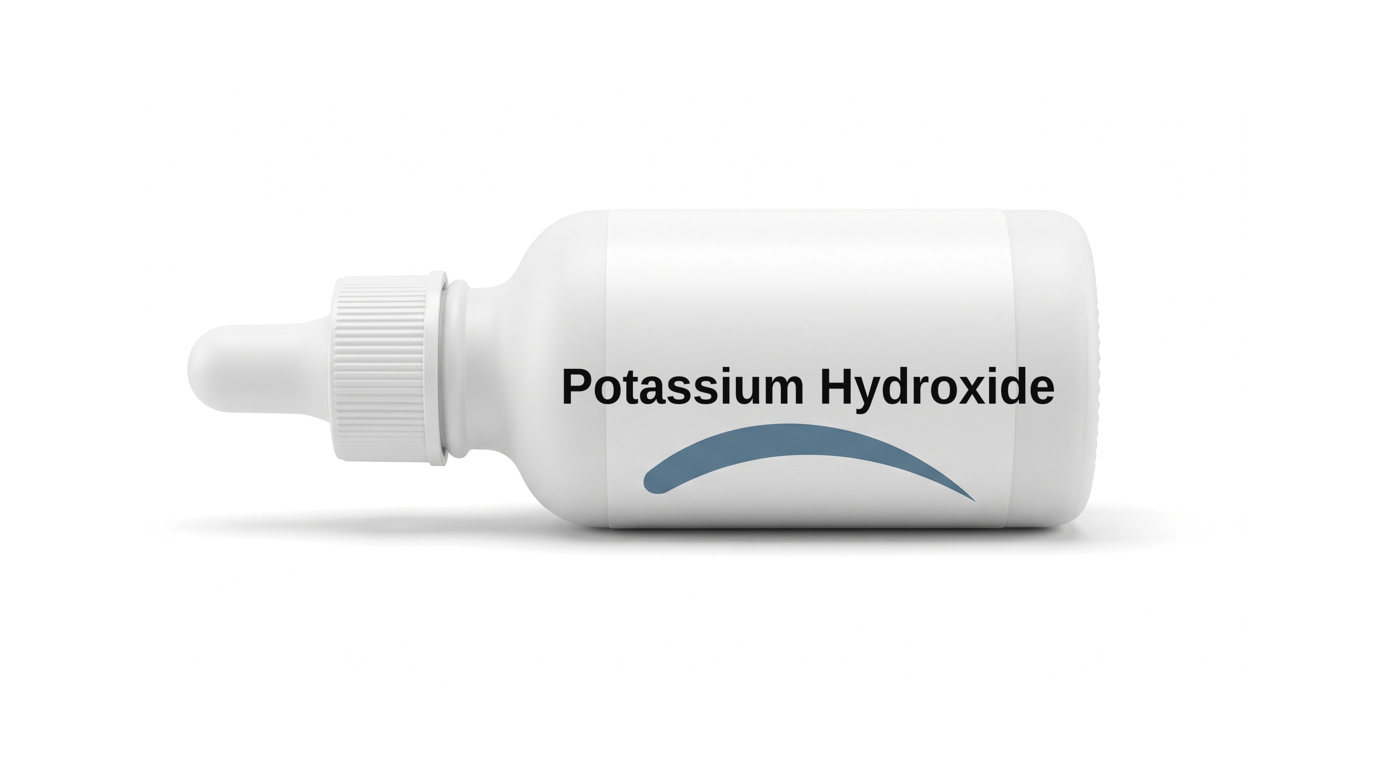 A white small dropper bottle on a white background, with a plain white label reading Potassium Hydroxide and a blue swoosh beneath it.