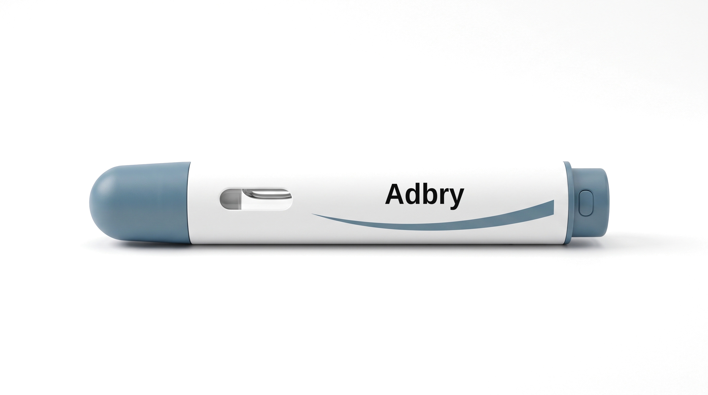 A white injector pen on a white background, with a plain white label reading Adbry and a blue swoosh beneath it.