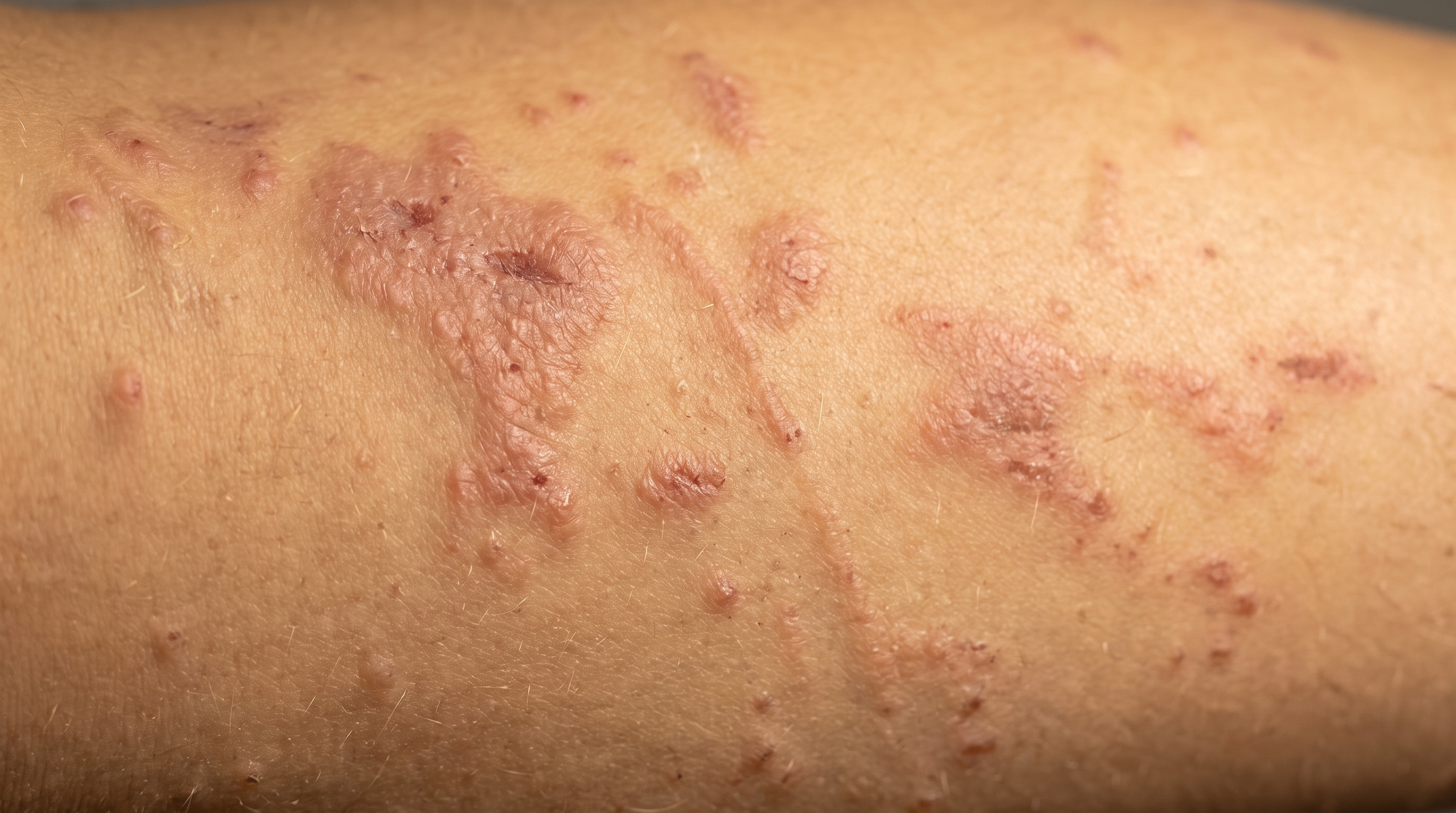 The back of one hand and the wrist on medium olive skin. A dusky pink-brown, slightly swollen and scaly patch covers the back of the hand and stops at a straight line across the wrist.