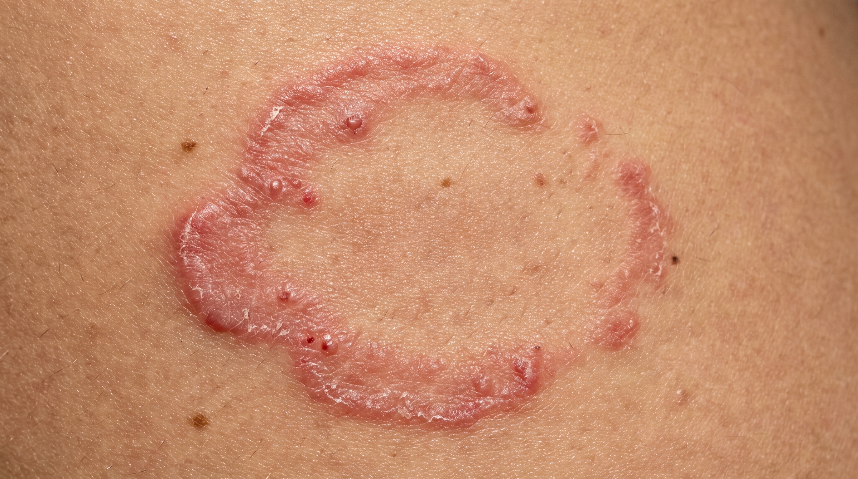 A round patch on a forearm on medium olive-tan skin, with a raised tan-brown scaly border and a flatter middle. The color difference from the surrounding skin is slight.
