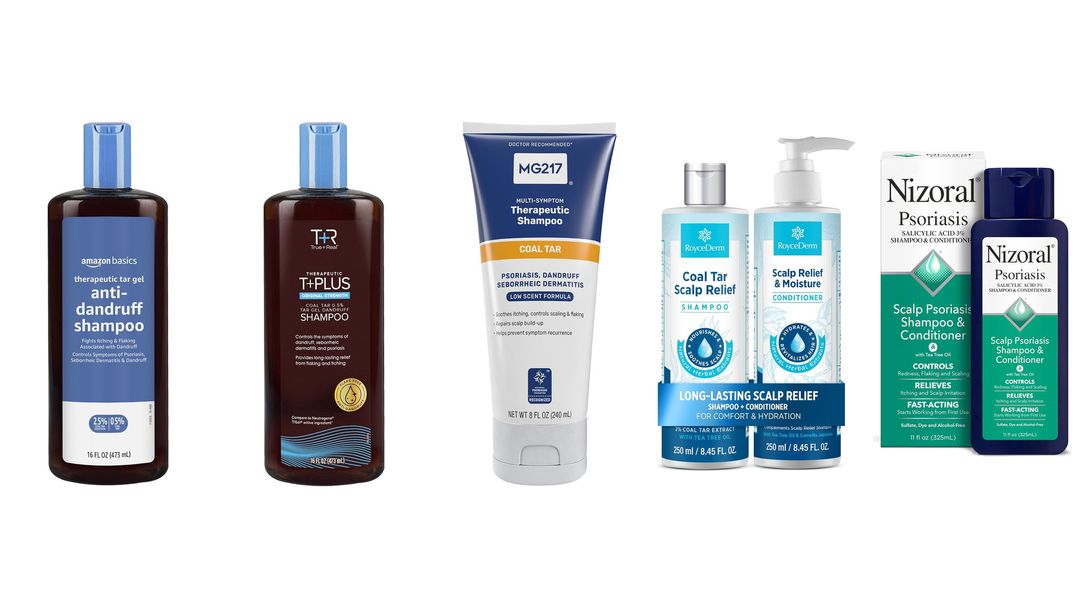 Five medicated scalp products on white, including Amazon Basics tar gel, T+Plus, MG217, RoyceDerm and Nizoral