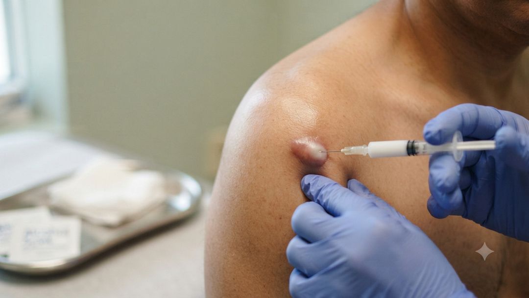 A gloved clinician injecting a raised lump on a patient's shoulder with a small syringe