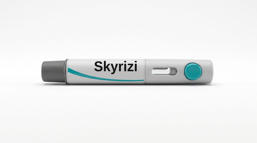 A gray autoinjector pen labeled Skyrizi with a teal button, lying on a plain pale background