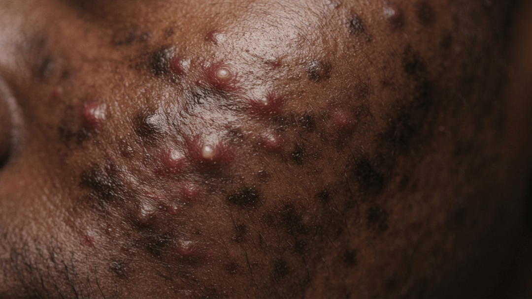 Acne on deep skin. The active bumps look darker and slightly purple rather than red, and the flat dark marks left behind by earlier spots are the most obvious thing in the photo.
