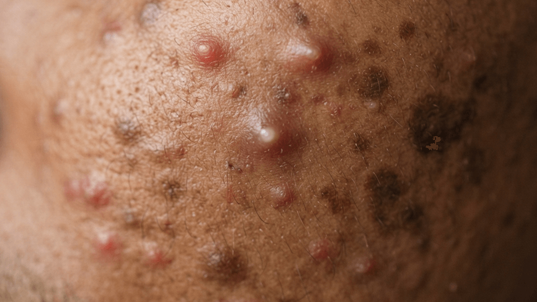 Acne on brown skin. Active spots read as brown-purple rather than red, which makes the inflammation easy to underestimate. Flat dark marks from older spots cover as much of the area as the raised spots do.