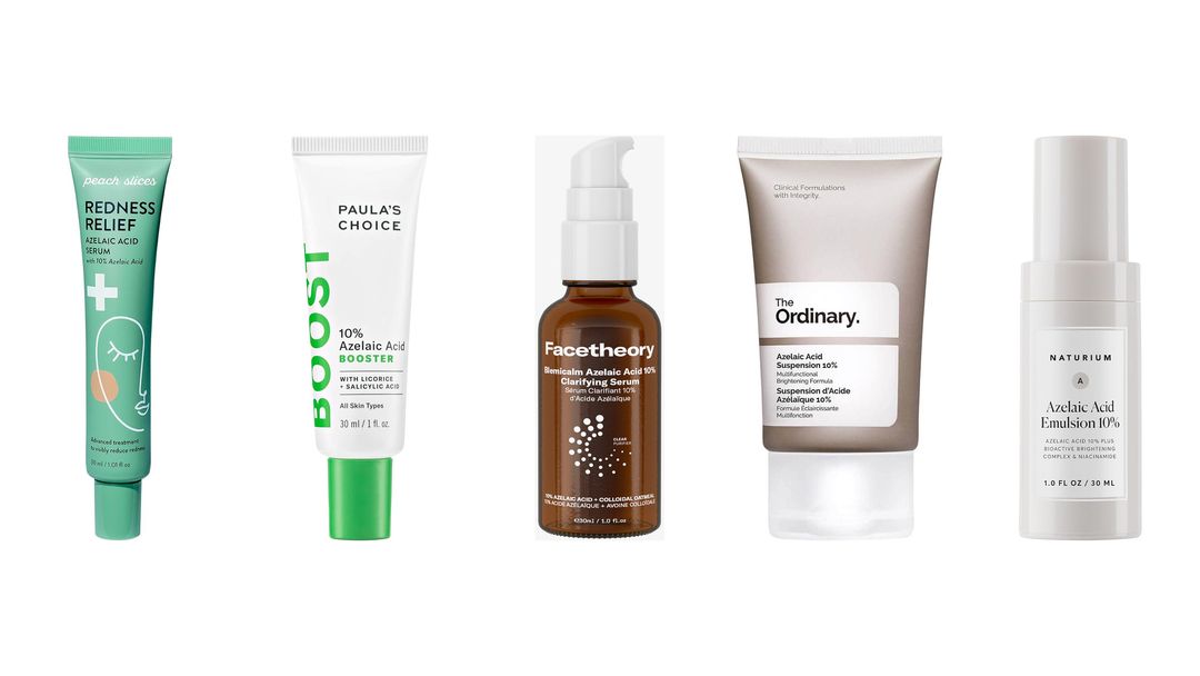 Five azelaic acid tubes and bottles on white, most marked 10 percent, from Peach Slices, Paula's Choice, Facetheory, The Ordinary and Naturium