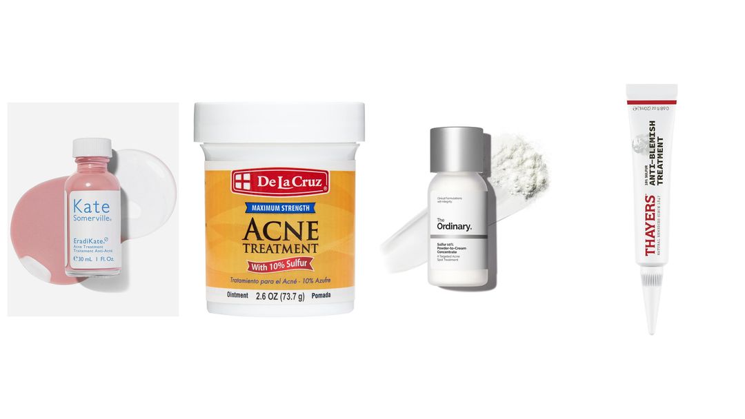 Four sulfur acne products: Kate Somerville EradiKate, De La Cruz 10% sulfur ointment, The Ordinary and Thayers