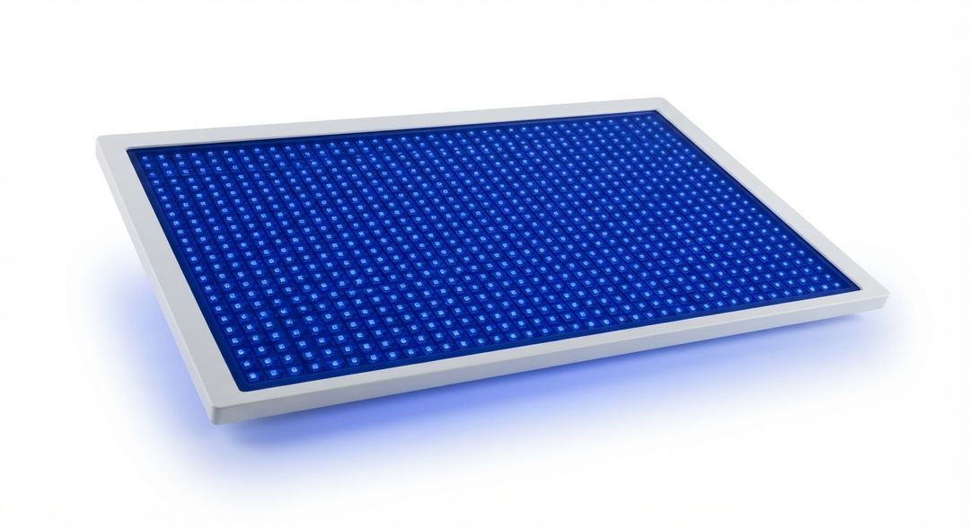 A flat rectangular light panel in a white frame filled with glowing blue LEDs