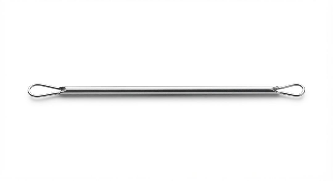 A slim steel comedone extractor with a wire loop at each end, on white