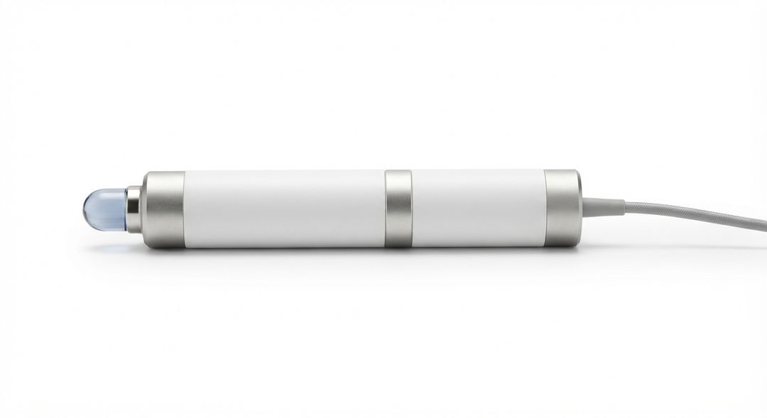 A slim white and silver handheld laser wand with a pale blue tip and a gray cable