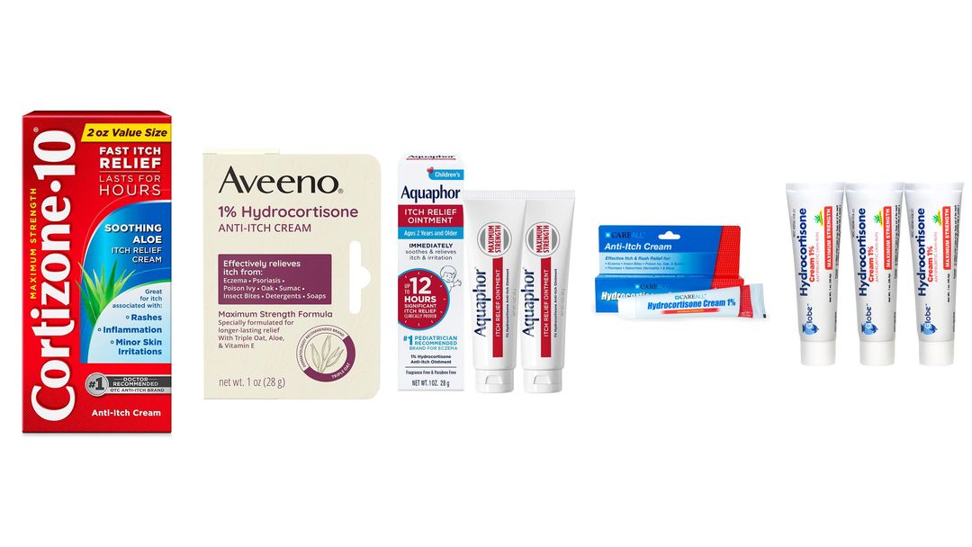 A plain white ointment tube lying on its side, labeled Hydrocortisone with a blue swoosh