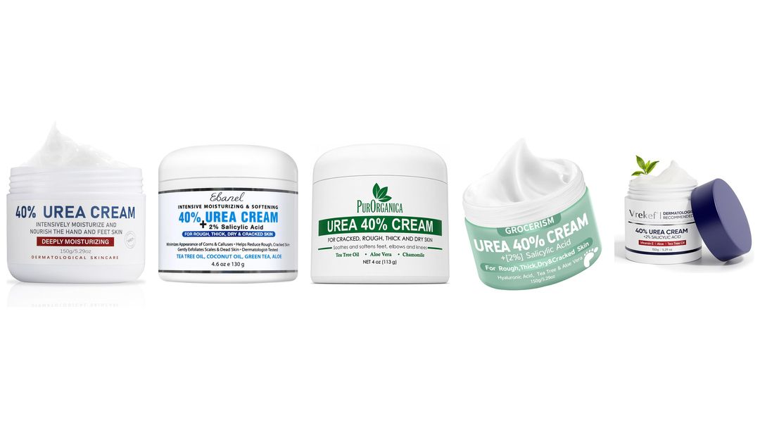 Five white jars of 40% urea cream lined up, several also listing 2% salicylic acid