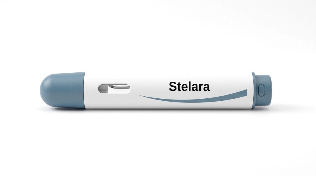 A white injector pen on a white background, with a plain white label reading Stelara and a blue swoosh beneath it.