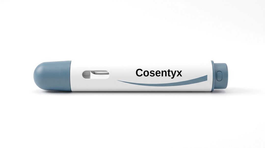 A white injector pen on a white background, with a plain white label reading Cosentyx and a blue swoosh beneath it.