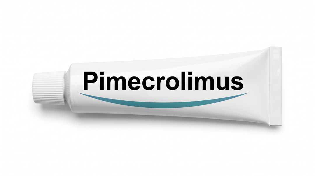 A white metal tube labeled Pimecrolimus with a teal swoosh, lying on a plain background