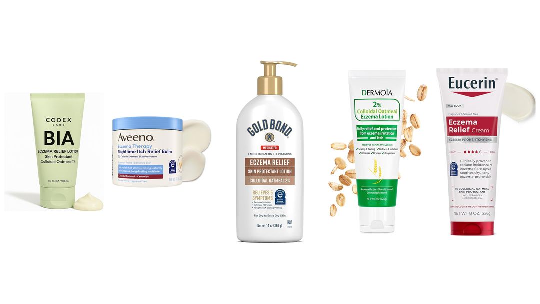 Five colloidal oatmeal eczema products lined up on white, including Aveeno, Gold Bond and Eucerin