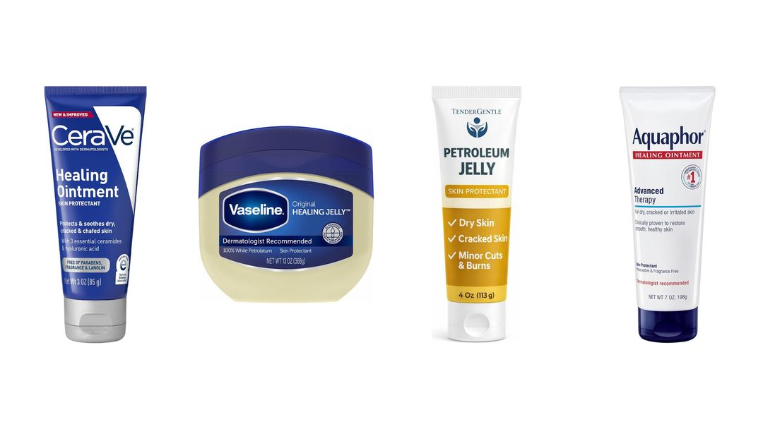 Four petrolatum ointments on white: CeraVe, a Vaseline jar, a petroleum jelly tube and Aquaphor