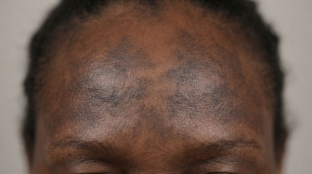 Flat slate gray-brown patches with soft irregular edges across the forehead and upper cheek of an adult with deep brown skin, the surface completely smooth.
