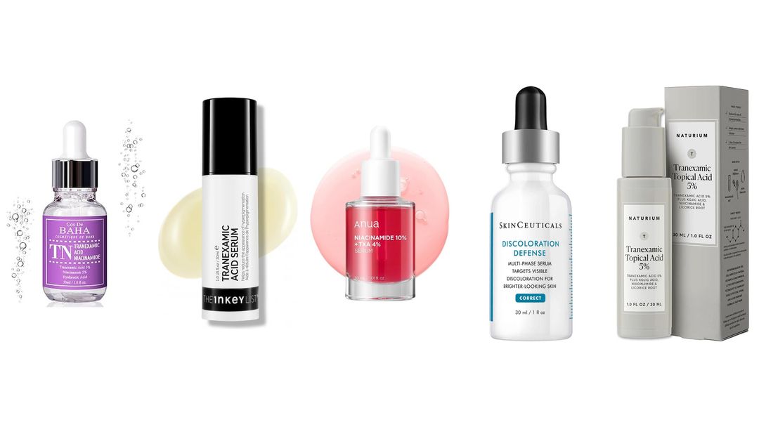 Five serums lined up on white, labeled tranexamic acid or niacinamide with TXA, including SkinCeuticals Discoloration Defense