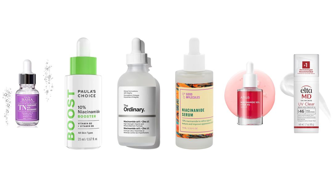 Six niacinamide products on white, including The Ordinary 10% + Zinc 1%, Paula's Choice Booster and EltaMD UV Clear