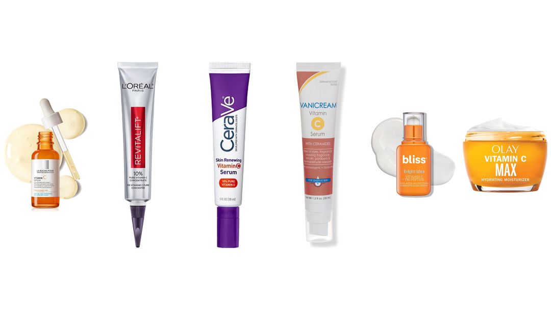 Six vitamin C products on white, including La Roche-Posay, L'Oréal Revitalift, CeraVe, Vanicream, bliss and Olay