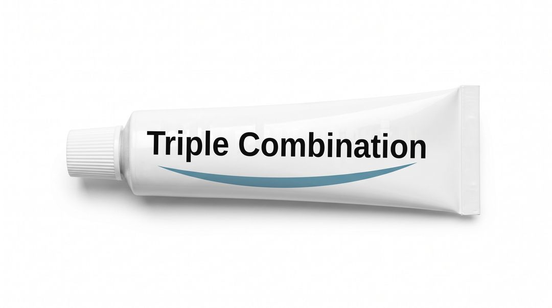 A white cream tube lying on its side on a white background, with a plain white label reading Triple Combination and a blue swoosh beneath it.